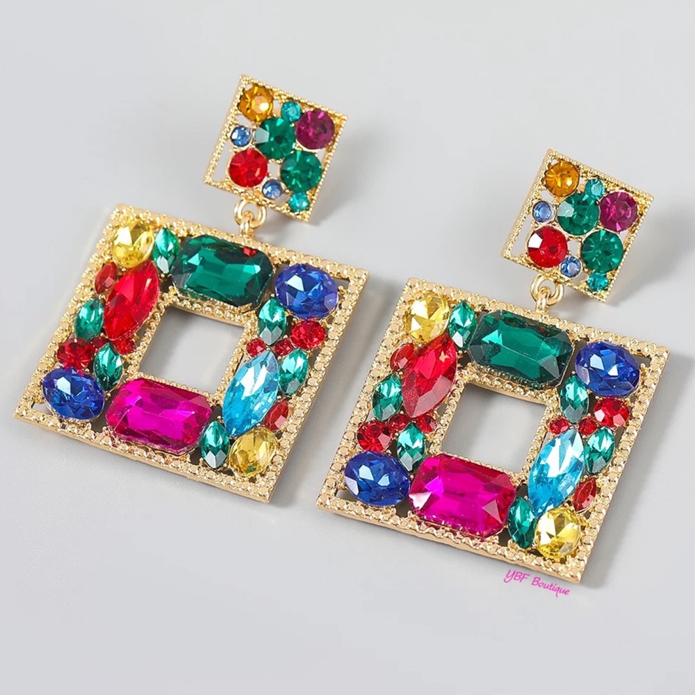 New Blue & Pink Multicolor Jewel Rhinestone Post Drop Statement Fashion Earrings - Picture 6 of 10